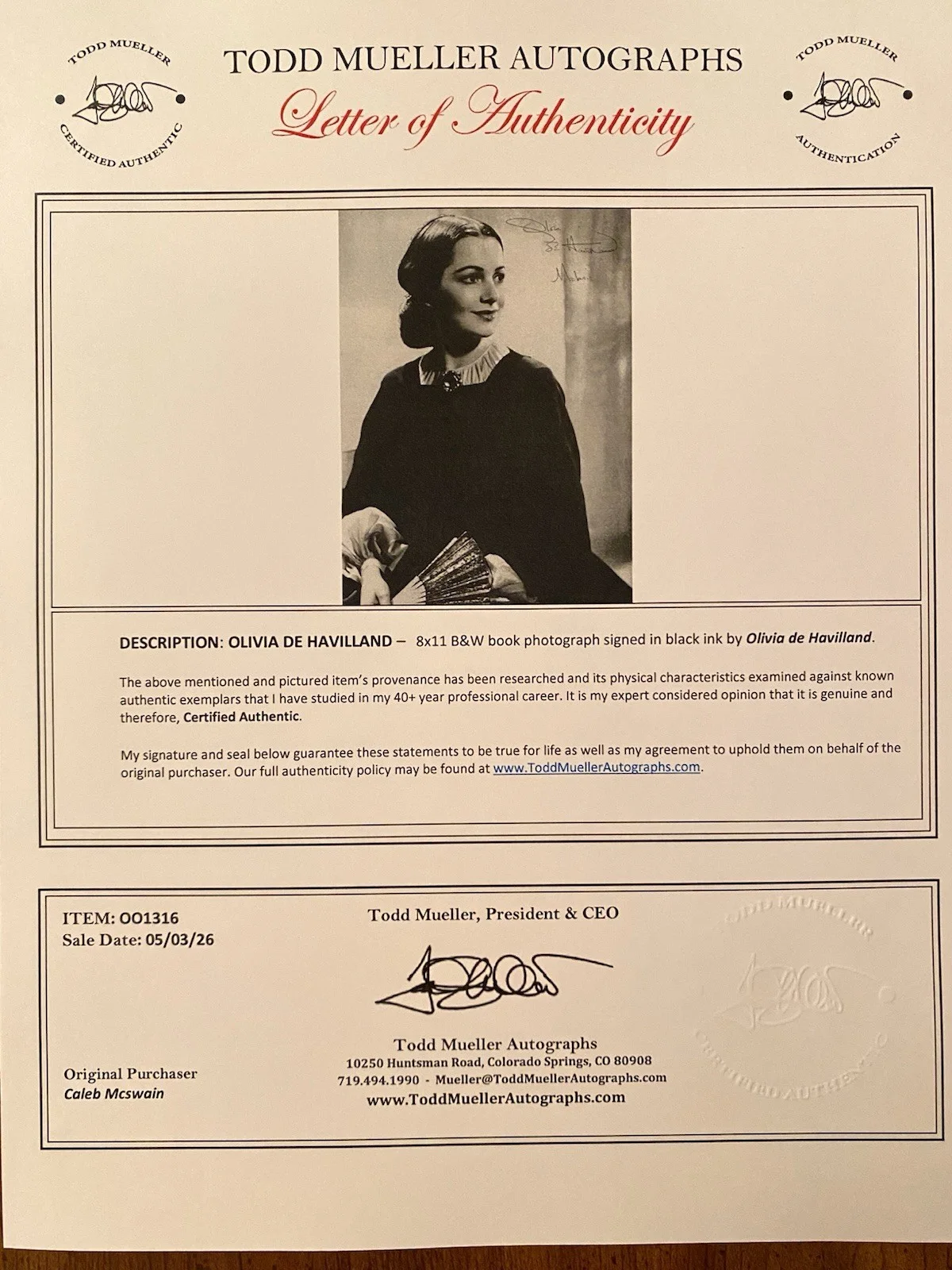 Olivia De Havilland — Olivia De Havilland Signed Autographed Photo With COA Gone With The Wind Melanie, image 4