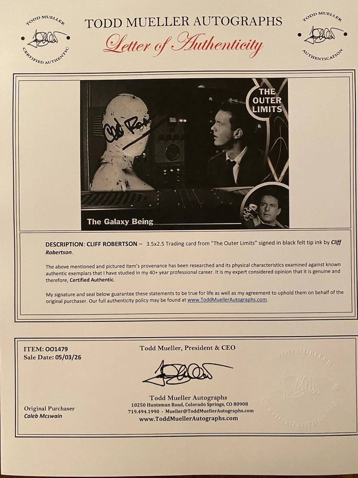 Cliff Robertson — Cliff Robertson Signed Autographed The Outer Limits Trading Card With COA, image 5