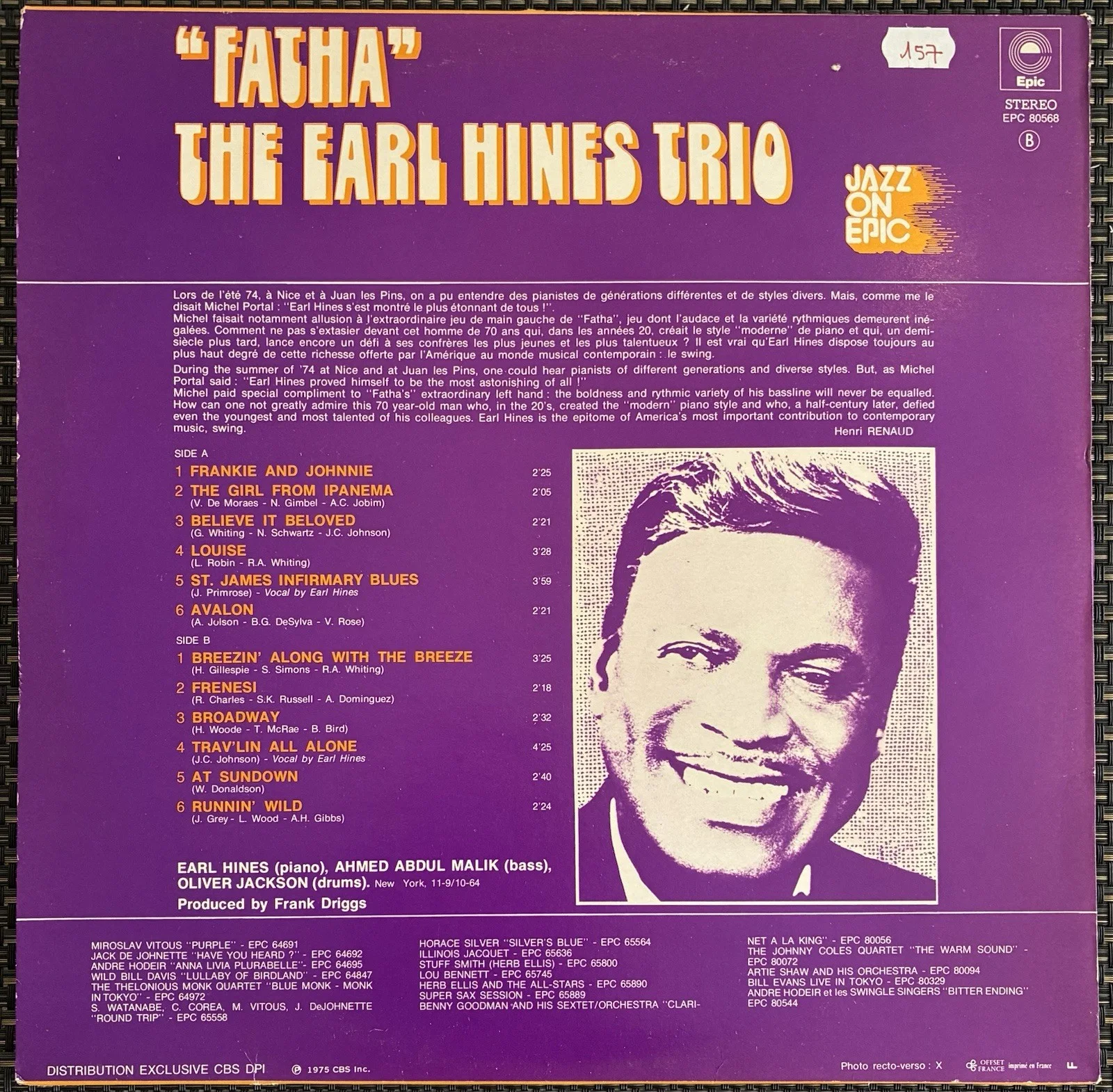 Earl Hines & Oliver Jackson Signed "Fatha" Vinyl Record LP Jacket, изображение 3