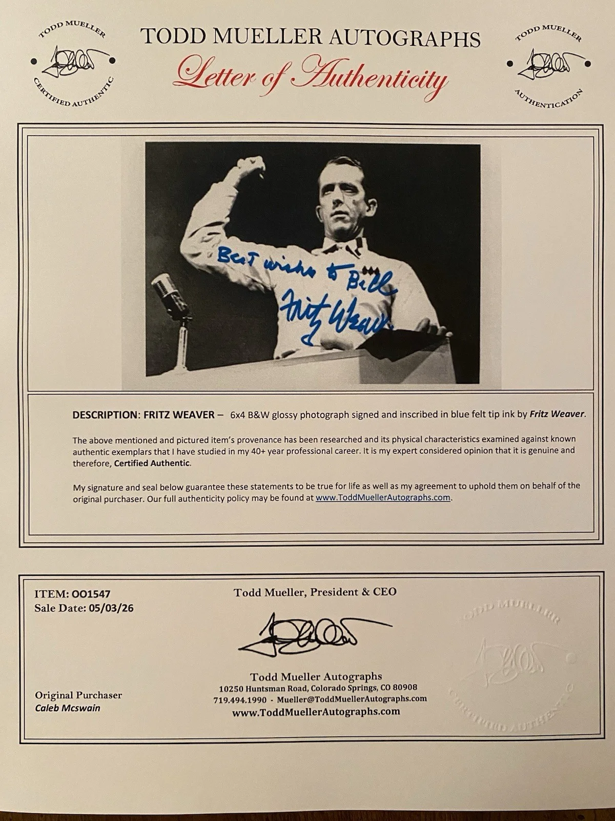 Fritz Weaver — Fritz Weaver Signed Autographed Photo With COA The Twilight Zone, image 4