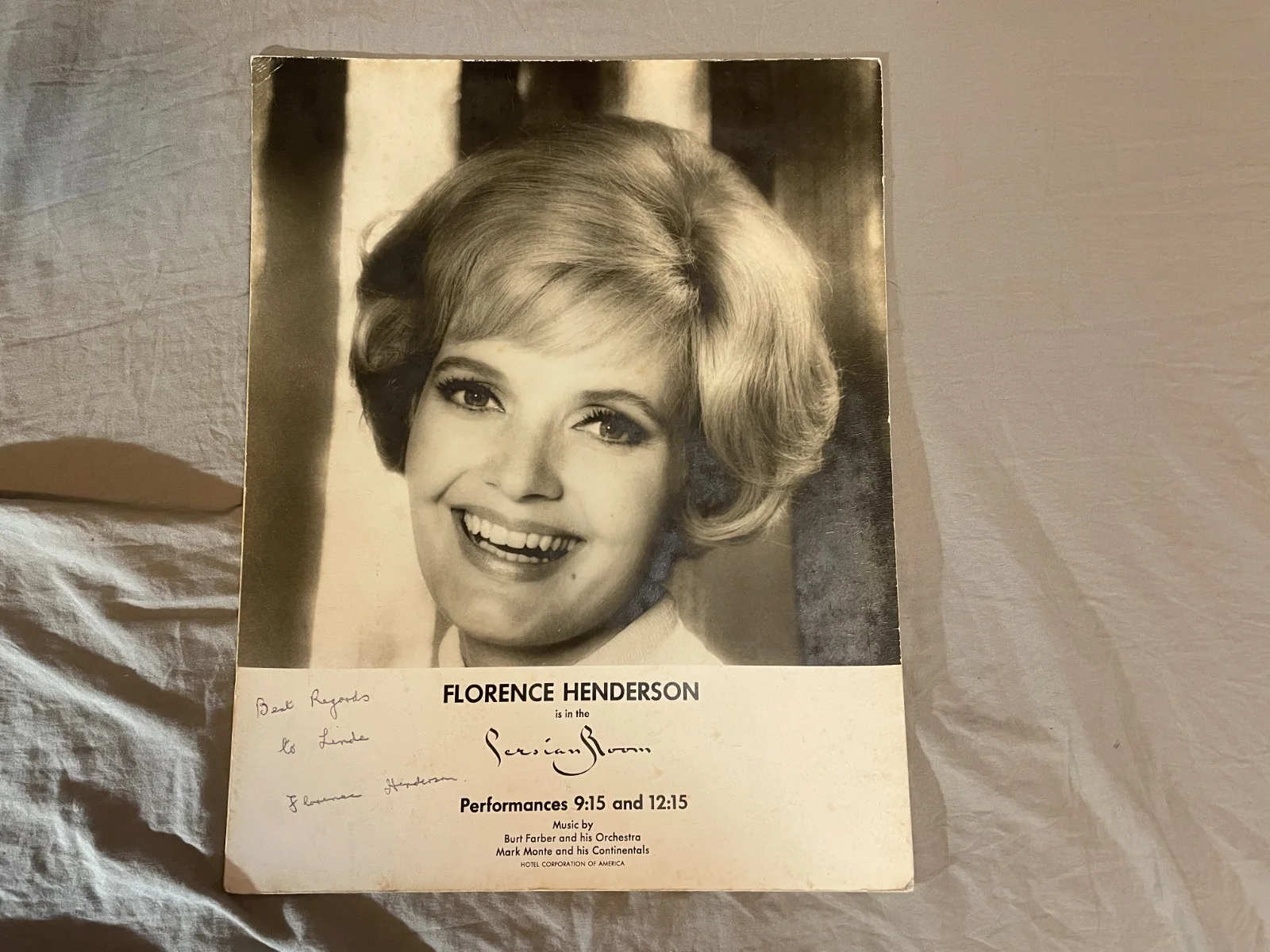 Florence Henderson — Florence Henderson Signed Concert Poster 1960's 1970's Persian Room NYC Brady