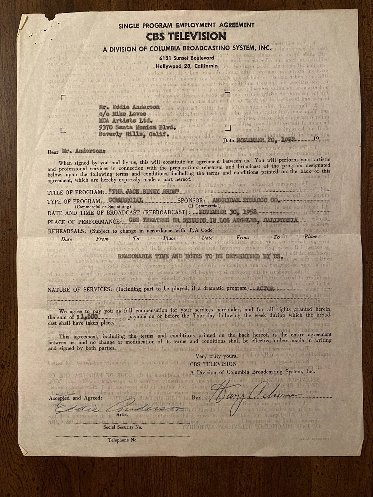 Eddie Anderson, Eddie Rochester Anderson — Eddie Rochester Anderson Signed Autographed CBS Contract Jack Benny Show RARE