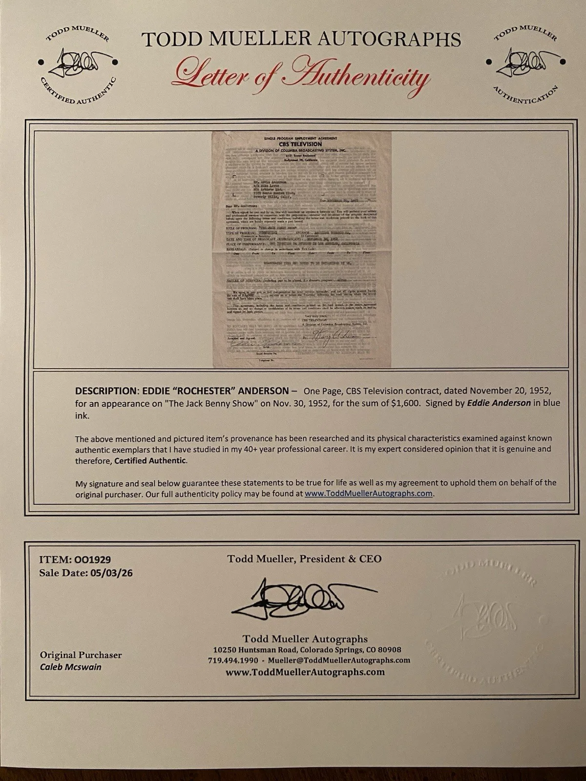 Eddie Anderson, Eddie Rochester Anderson — Eddie Rochester Anderson Signed Autographed CBS Contract Jack Benny Show RARE, image 5
