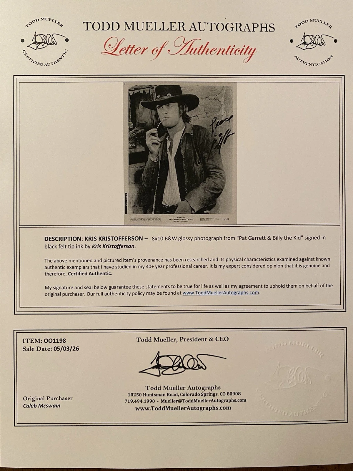 Kris Kristofferson — Kris Kristofferson Signed Autographed Photo w/ COA Pat Garrett And Billy The Kid, изображение 4