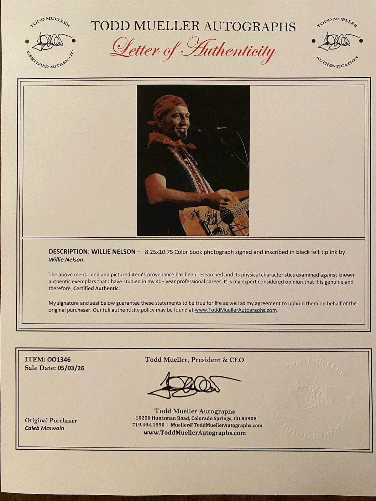 Willie Nelson Signed Autographed Photo With COA On The Road Again Always On My M, image 4