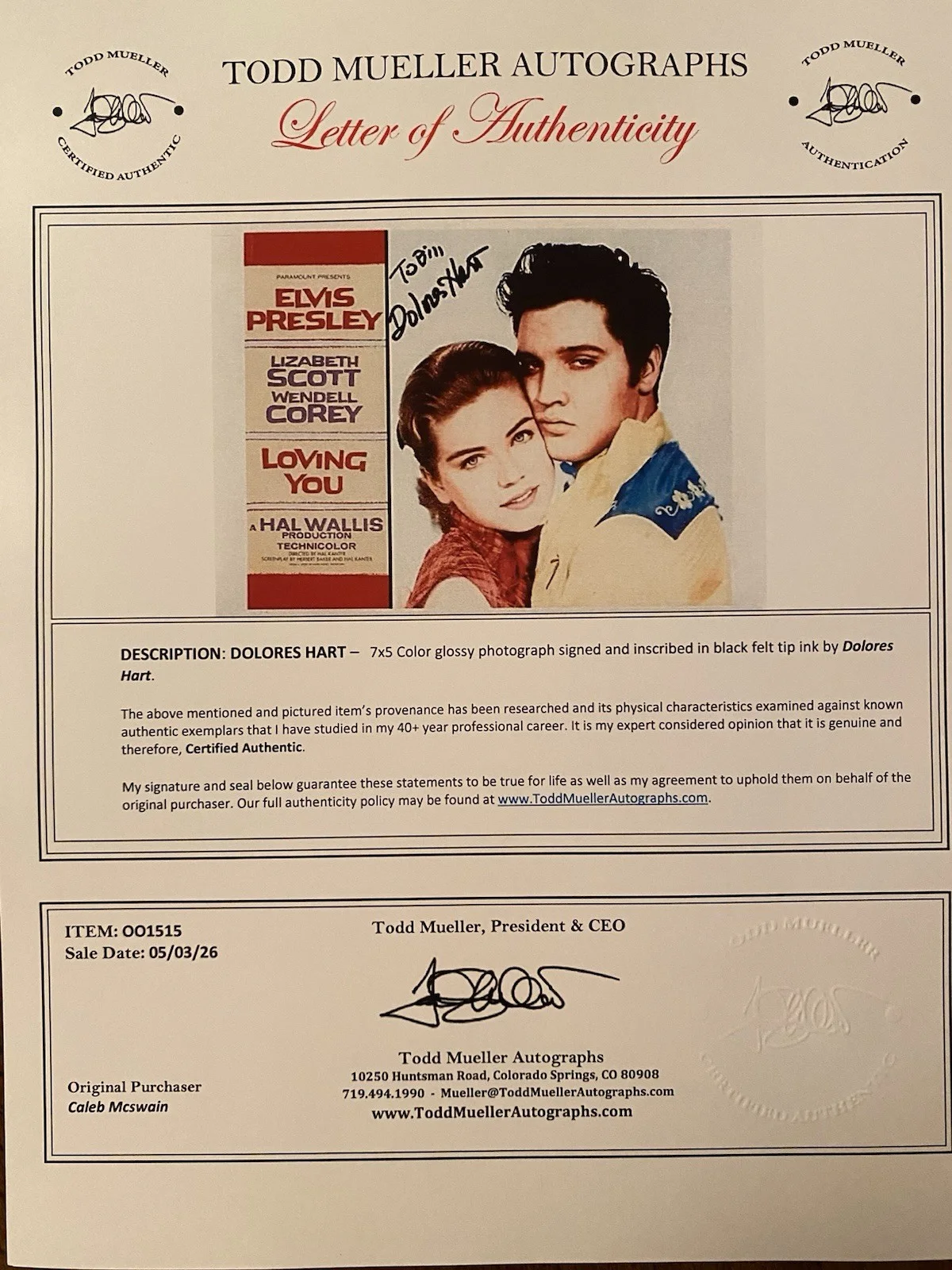 Dolores Hart — Dolores Hart Signed Autographed Photo With Elvis With COA Loving You, image 4
