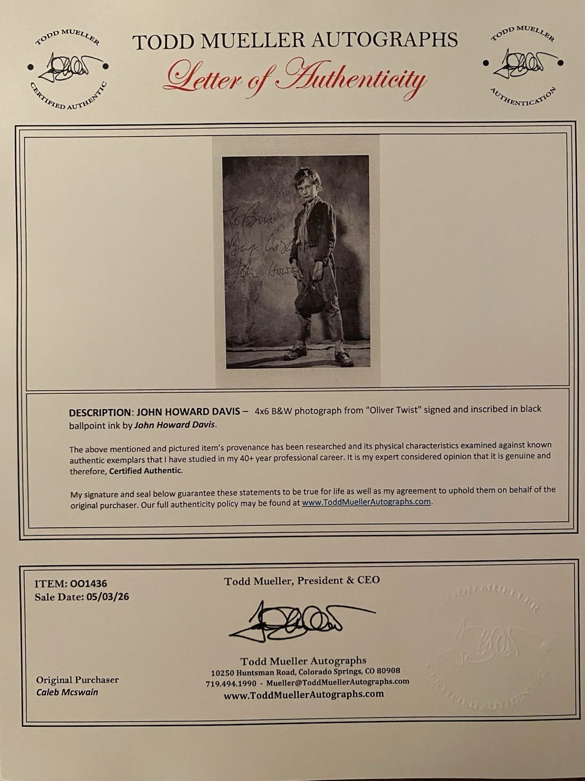 John Howard Davies — John Howard Davies Signed Autographed Photo With COA Oliver Twist, изображение 3