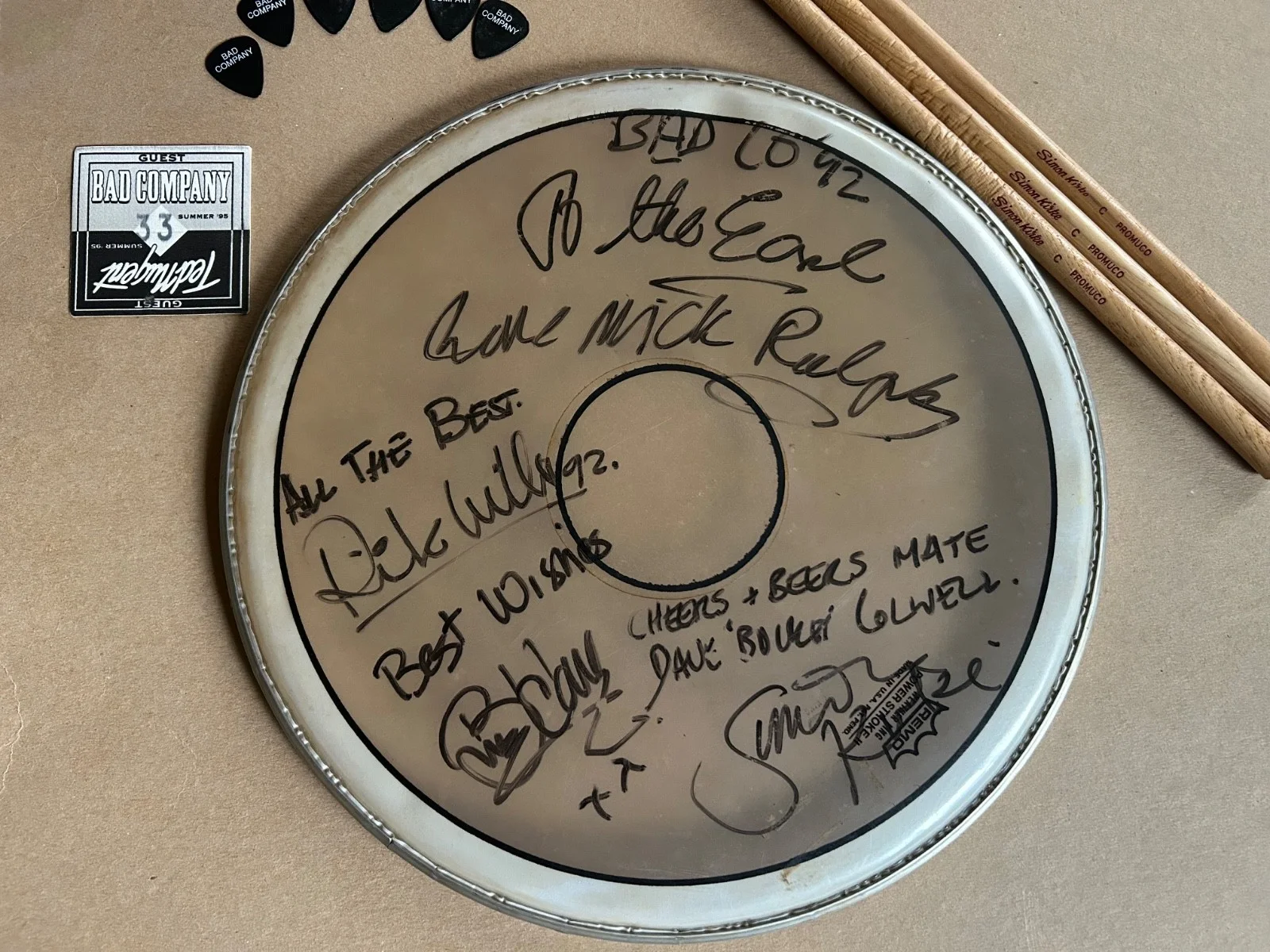 Bad Company: 1992 Tour Signed Drumhead, Drumsticks, Guitar Picks and Passes, image 2