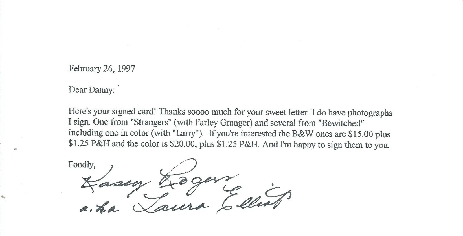 KASEY ROGERS BEWITCHED LOUISE TATE SIGNED LETTER ALSO SIGNED AS LAURA ELLIOTT, изображение 2