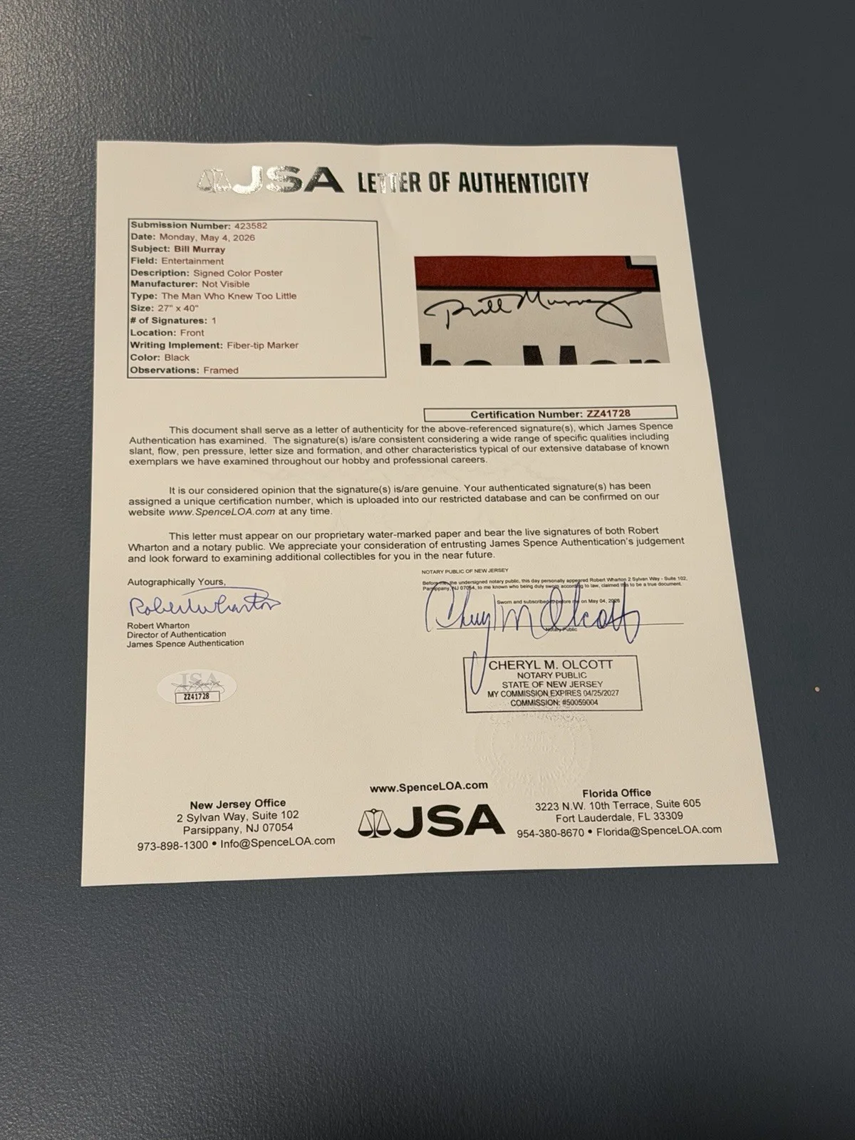Bill Murray SIGNED autographed The Man Who Knew Too Little 27x40 Movie JSA COA, image 3