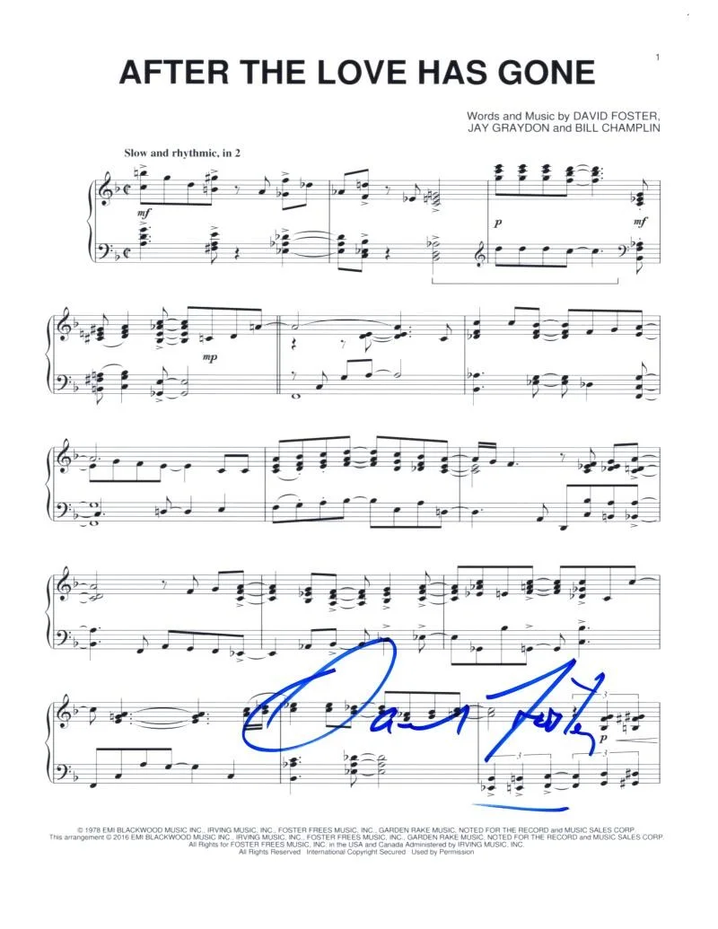 David Foster — David Foster Signed Autograph Earth Wind Fire After the Love Has Gone SheetMusic