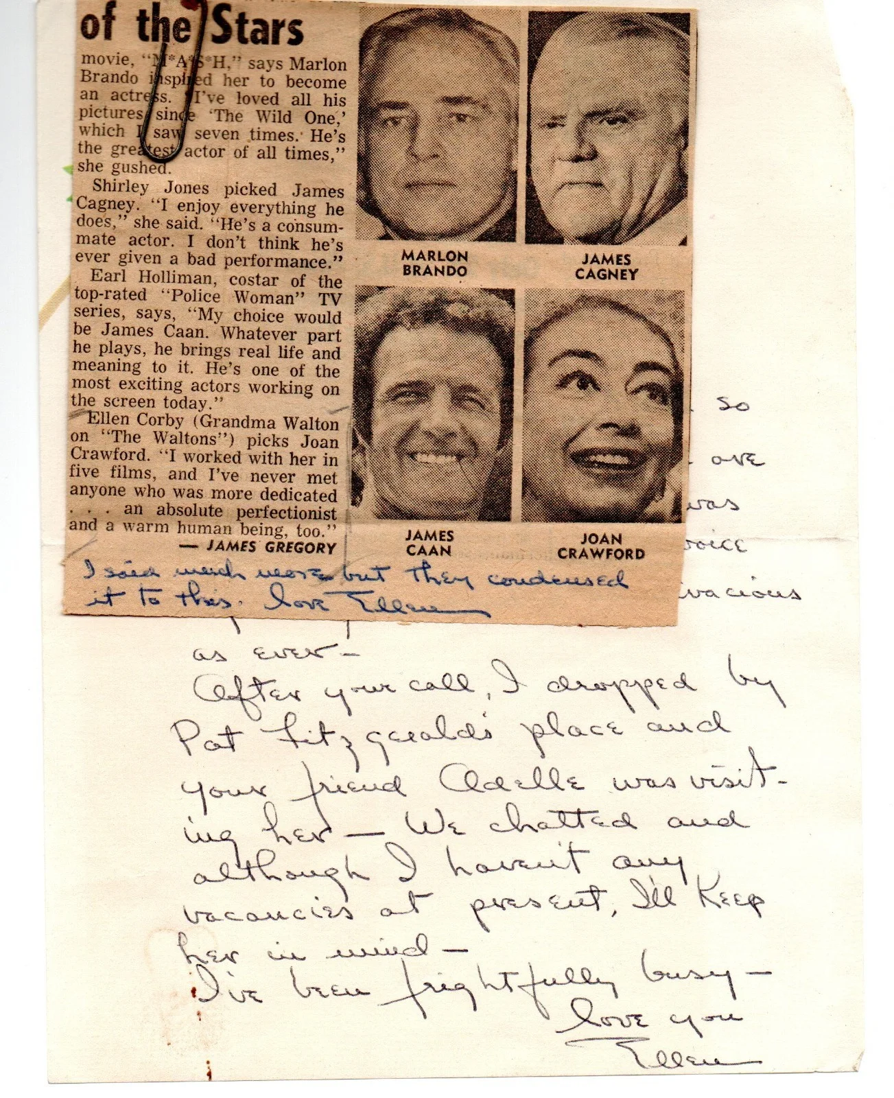 Ellen Corby — ELLEN CORBY signed 2x letter to JOAN CRAWFORD handwritten original autograph COA