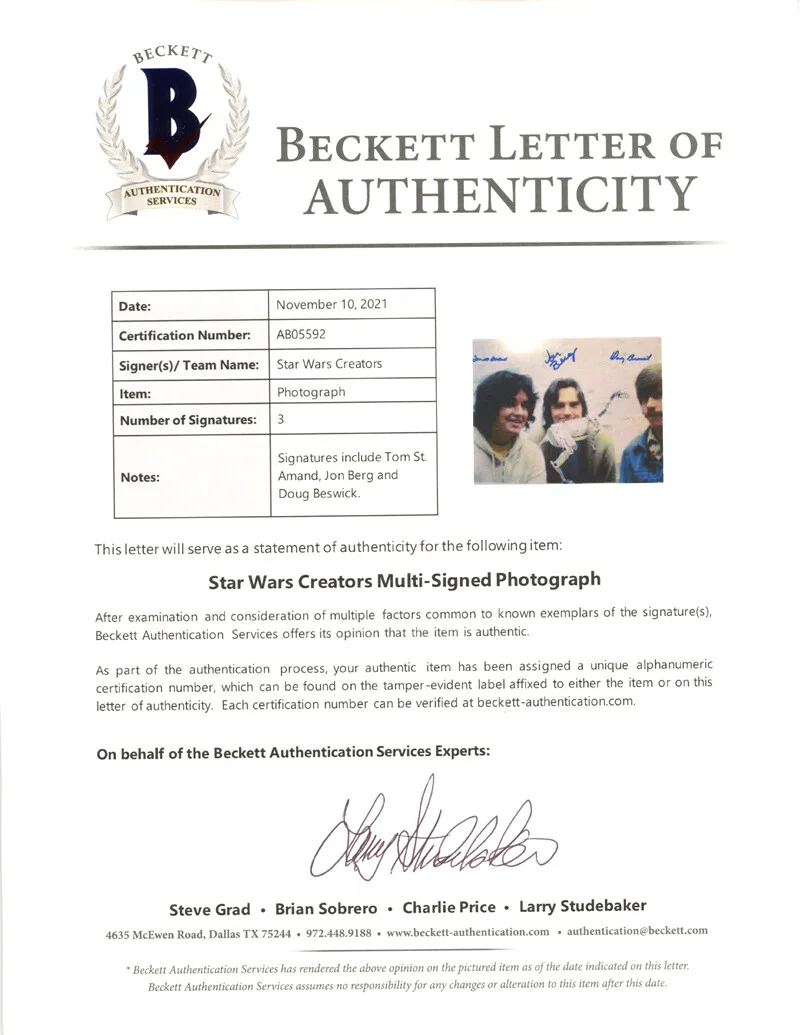 ST. AMAND BERG BESWICK SIGNED 11x14 PHOTO ILM SFX LEGENDS STAR WARS BECKETT BAS, изображение 5