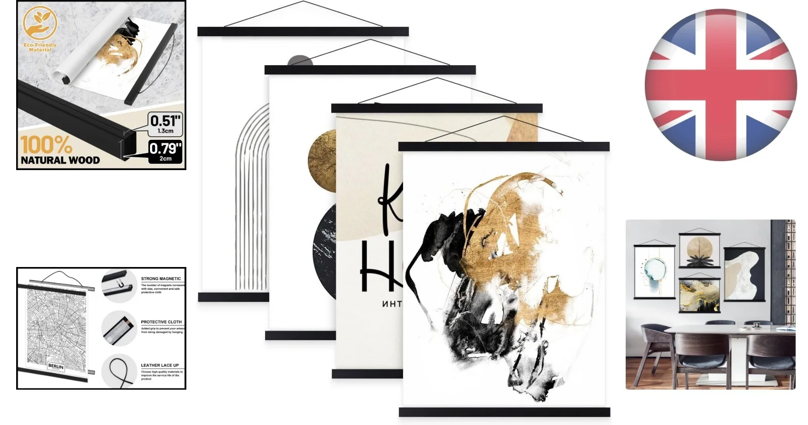 Stylish 4 Pack Black Wooden Poster Frames with Strong Magnets - Easy Wall Mount, image 2