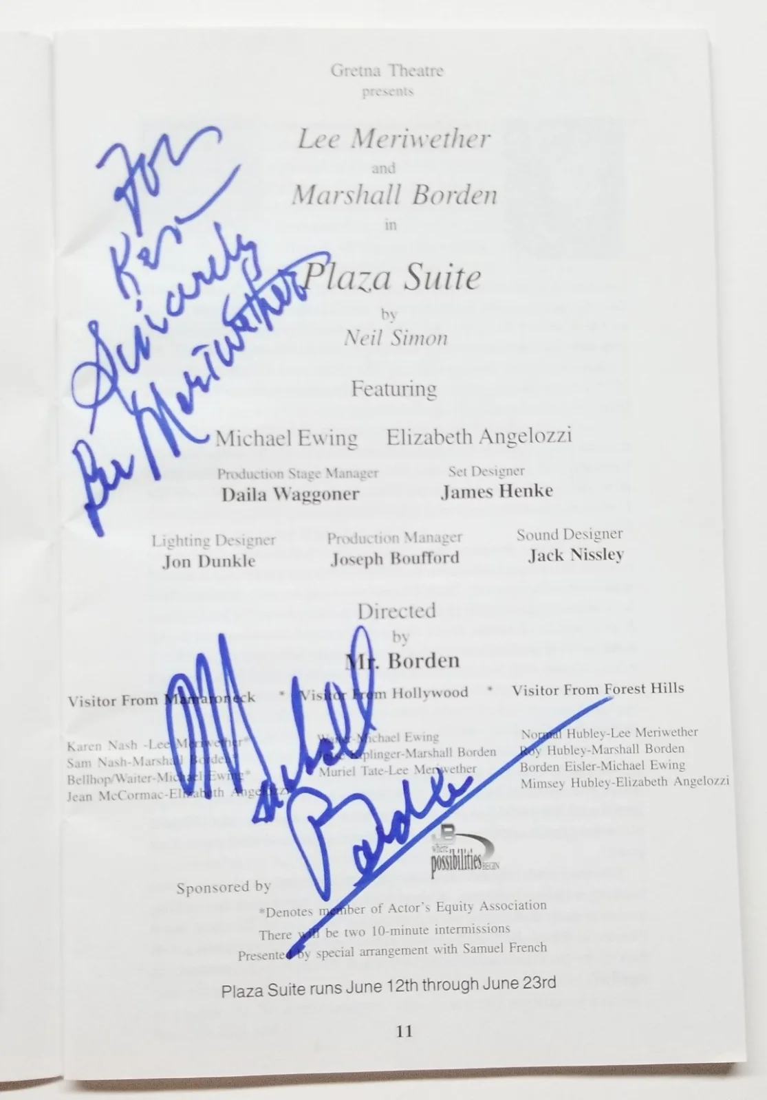 Lee Meriwether, Marshall Borden +2 SIGNED Plaza Suite Gretna Theatre Program COA, image 2