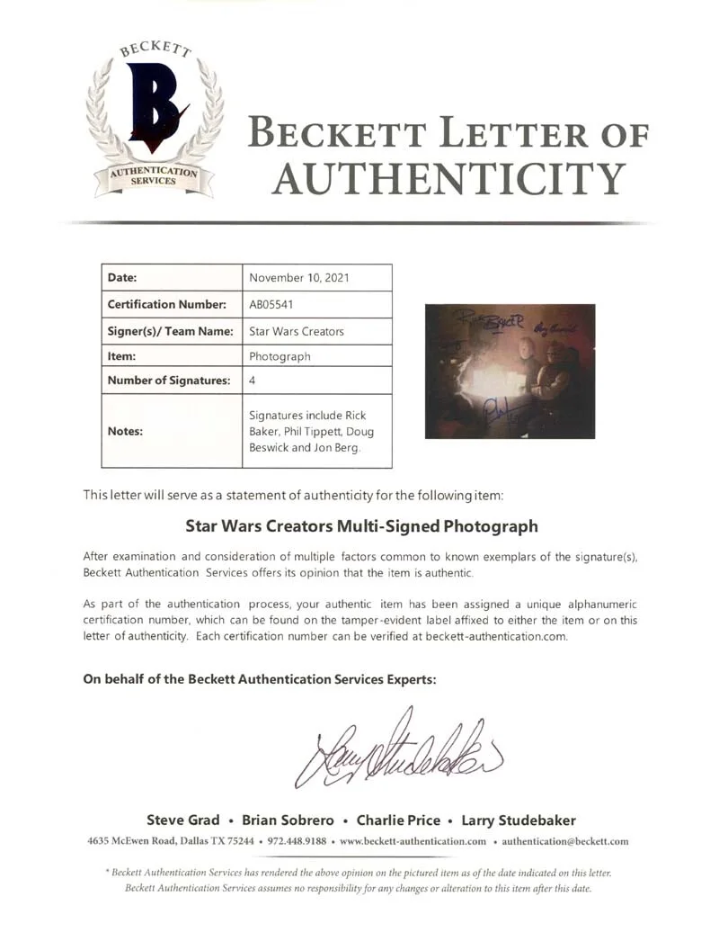 STAR WARS MAKE UP CREATORS BERG BAKER BESWICK TIPPETT SIGNED 8x10 PHOTO BECKETT, image 2