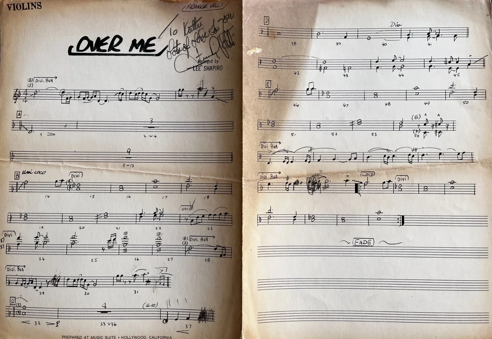 Frankie Valli Signed AFM Studio Session Chart “Over Me” Four Seasons RARE, image 3