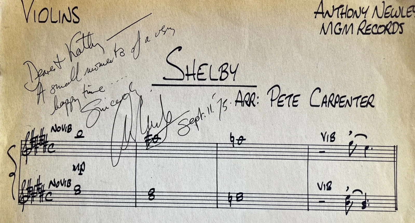 Anthony Newley Signed AFM Studio Session Chart “Shelby” MGM Records 1975 RARE, image 2