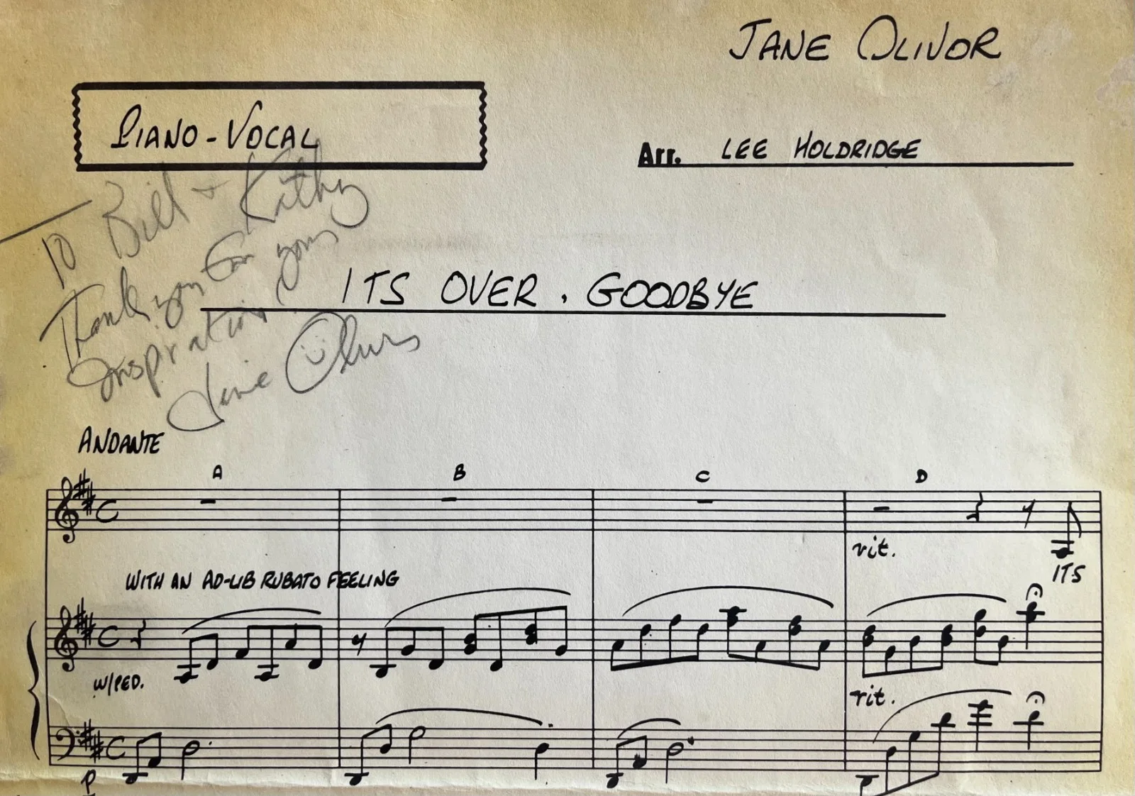 Jane Olivor Signed Studio Session Sheet Music “It’s Over, Goodbye”, image 2