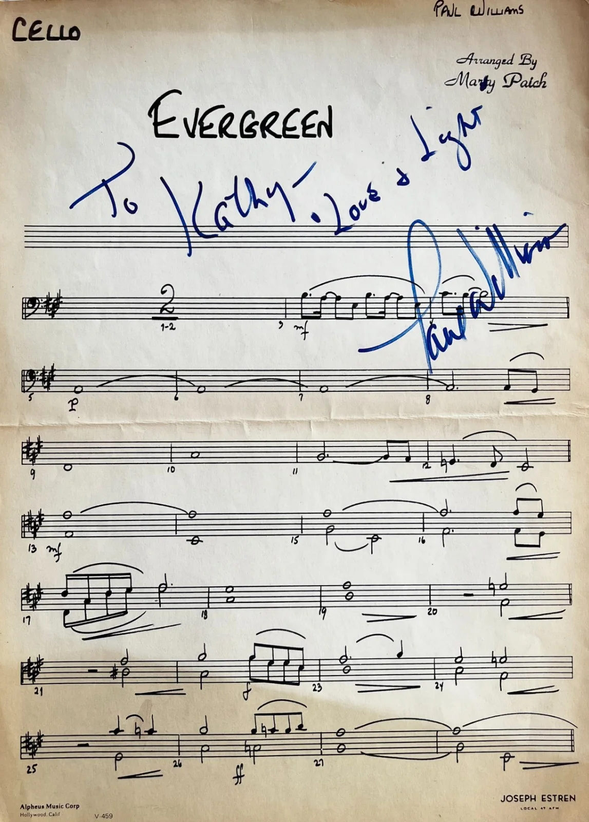 Paul Williams Signed AFM Studio Session Chart “Evergreen” A Star Is Born, image 2