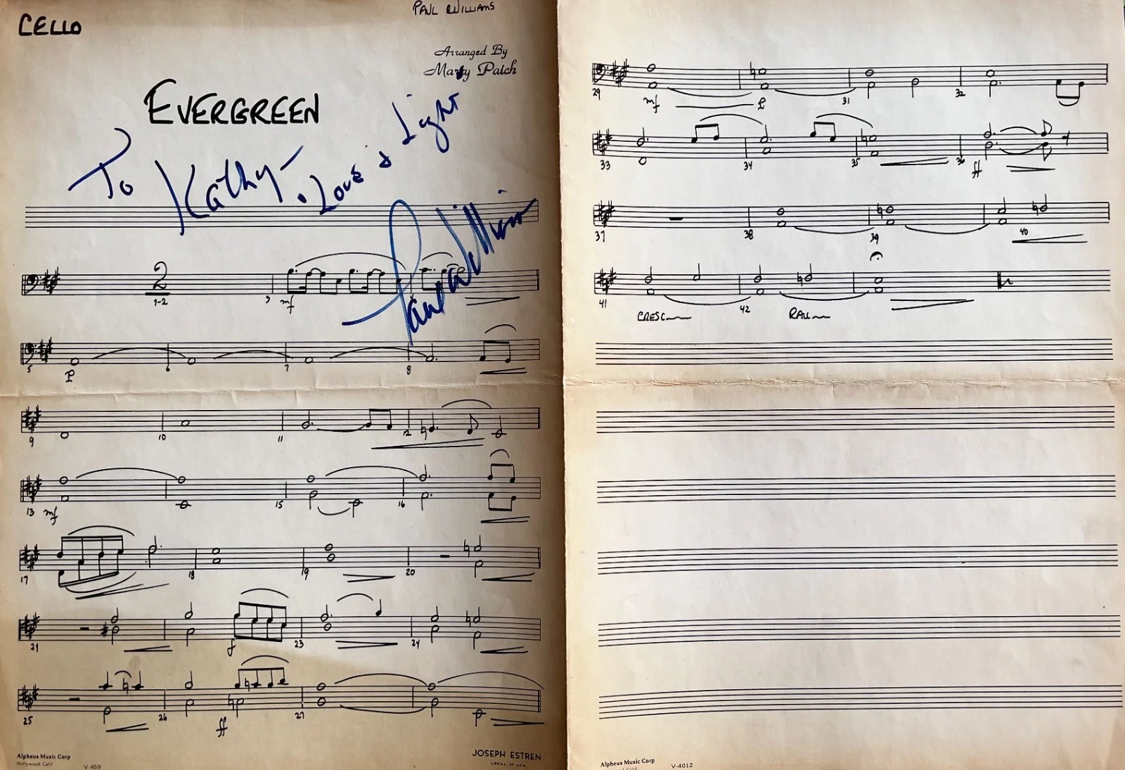 Paul Williams Signed AFM Studio Session Chart “Evergreen” A Star Is Born, image 3