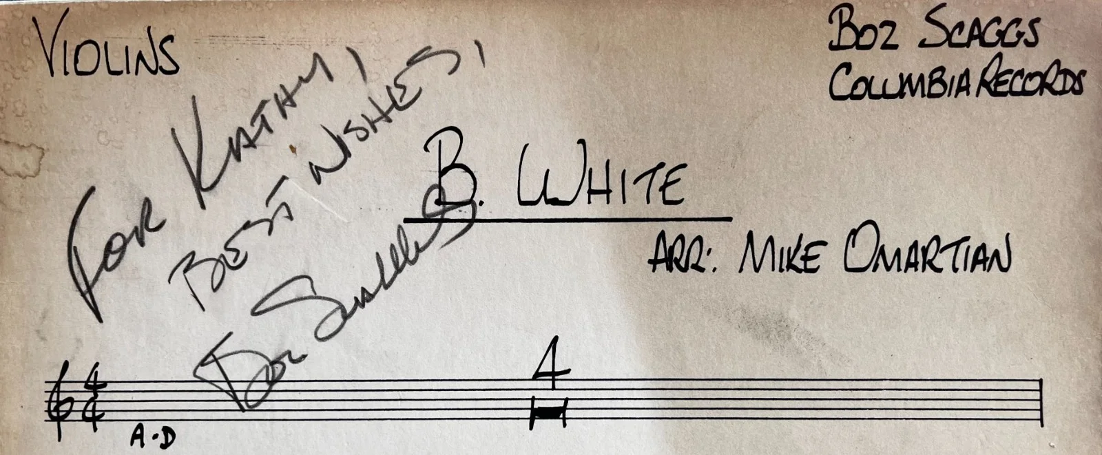 Boz Scaggs Signed 1977 Original String Session Chart (Unreleased “B. White”), image 3
