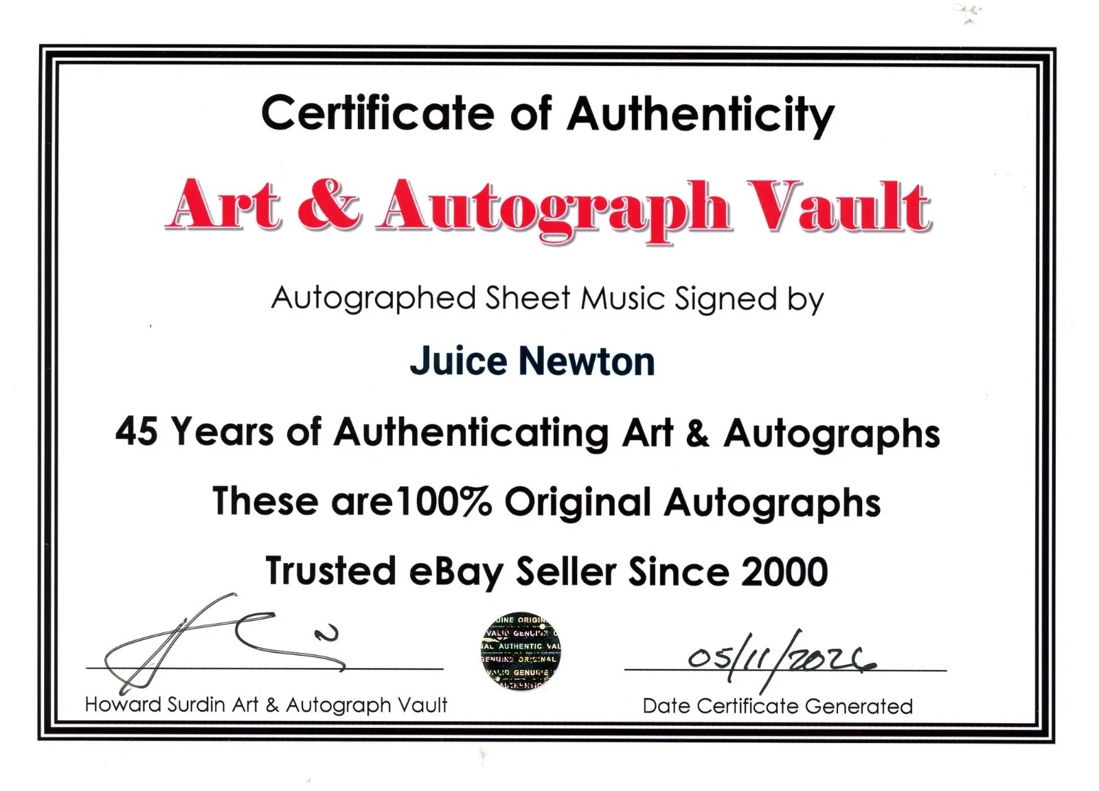 Juice Newton — Juice Newton Signed Sheet Music Museum Framed Ready to Display, image 3