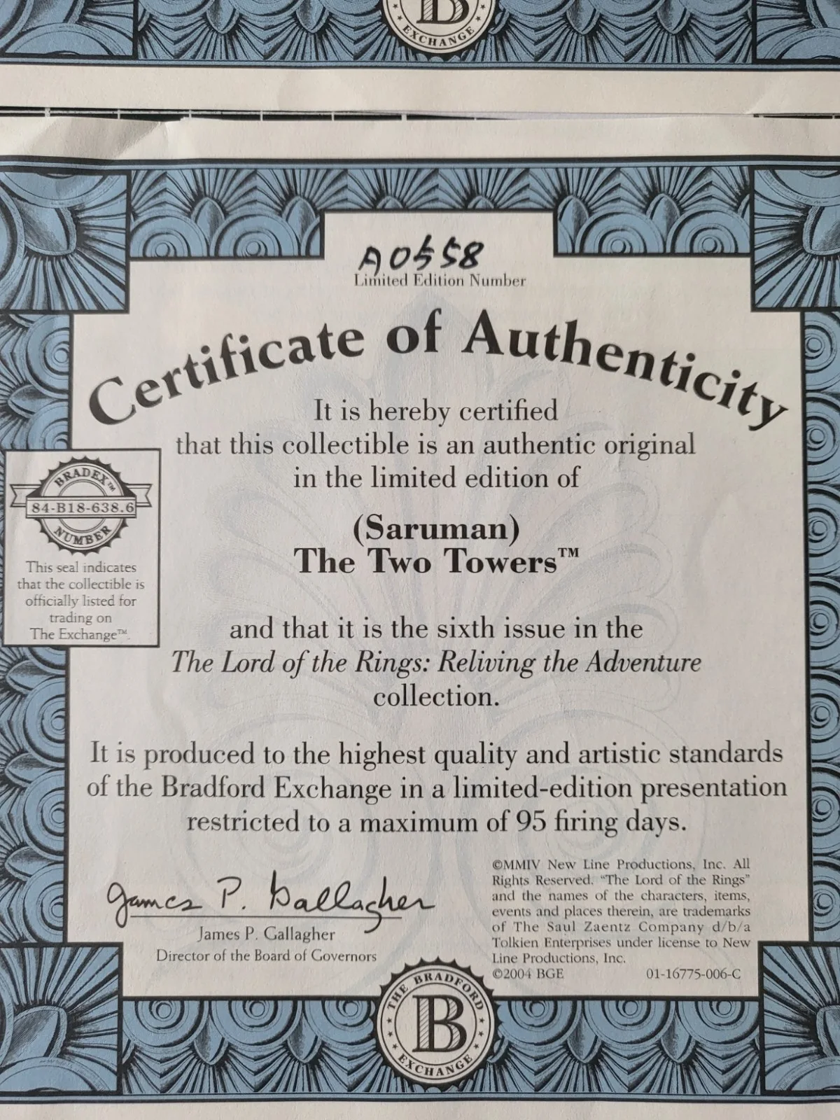 6 COA (Certificates of Authenticity) Lord of the Rings Paperwork by Bradford Ex., изображение 2