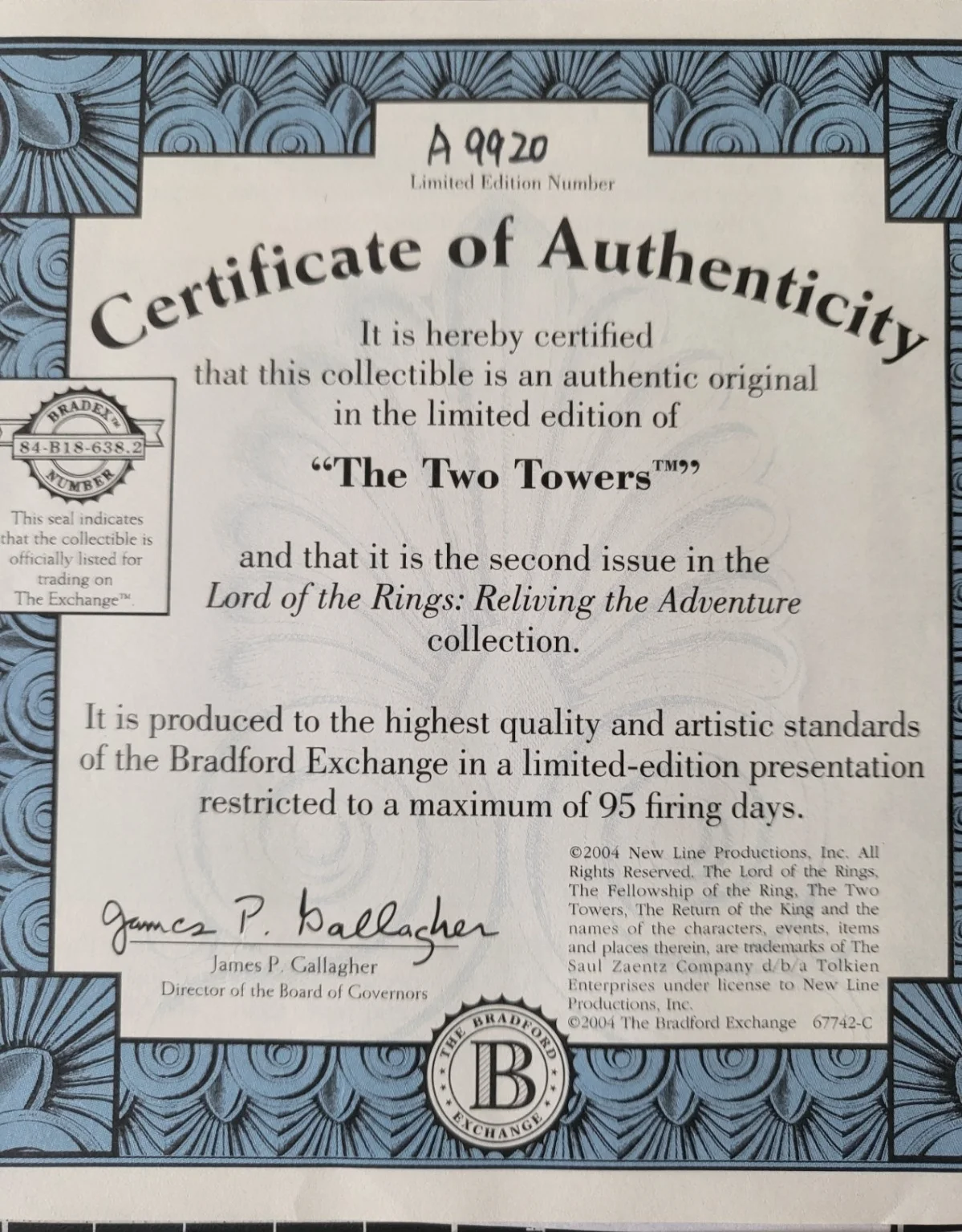 6 COA (Certificates of Authenticity) Lord of the Rings Paperwork by Bradford Ex., изображение 3