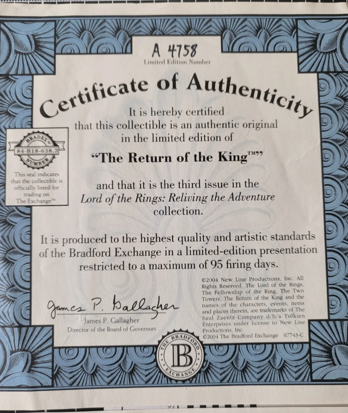 6 COA (Certificates of Authenticity) Lord of the Rings Paperwork by Bradford Ex., изображение 4