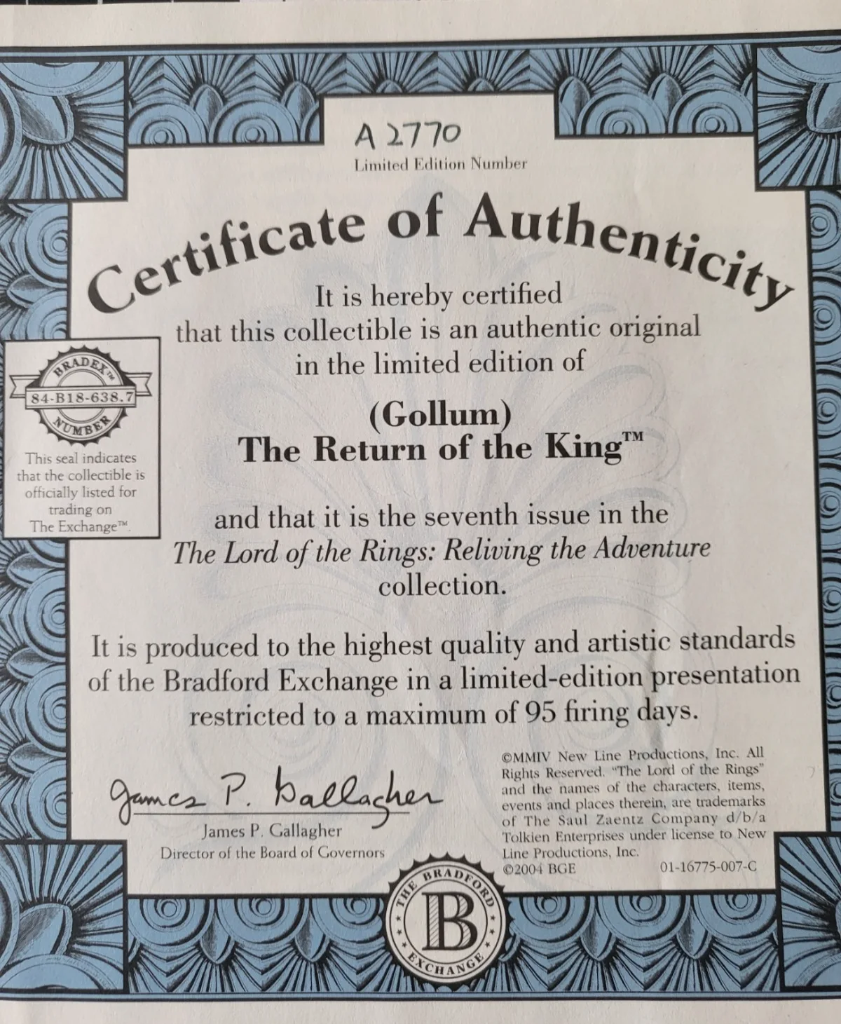 6 COA (Certificates of Authenticity) Lord of the Rings Paperwork by Bradford Ex., изображение 5
