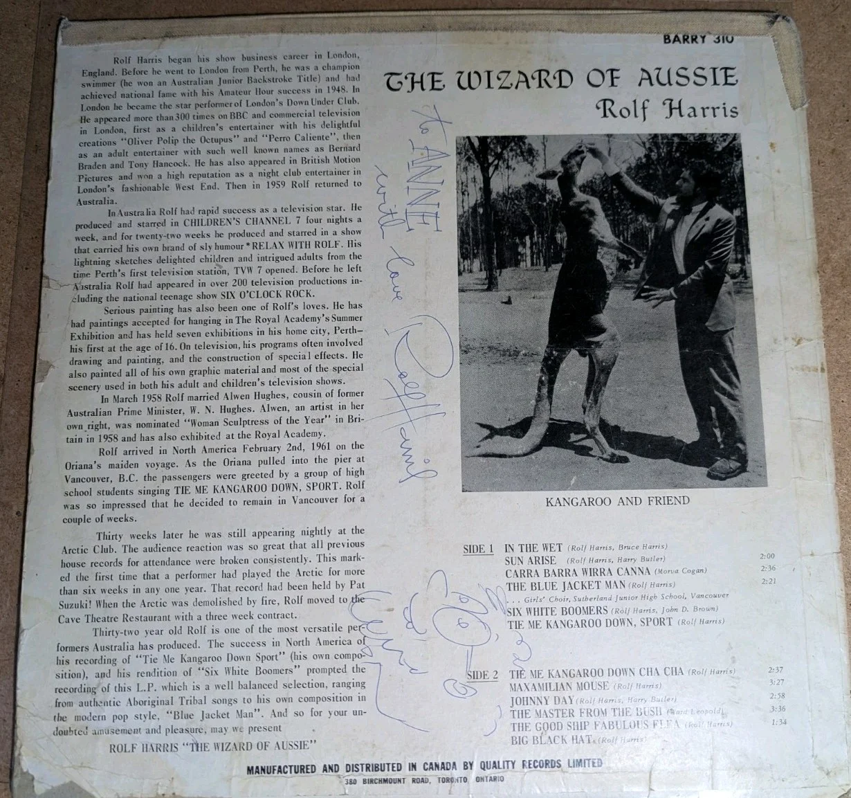 Rolf Harris Australian Entertainer Autographed LP., image 3