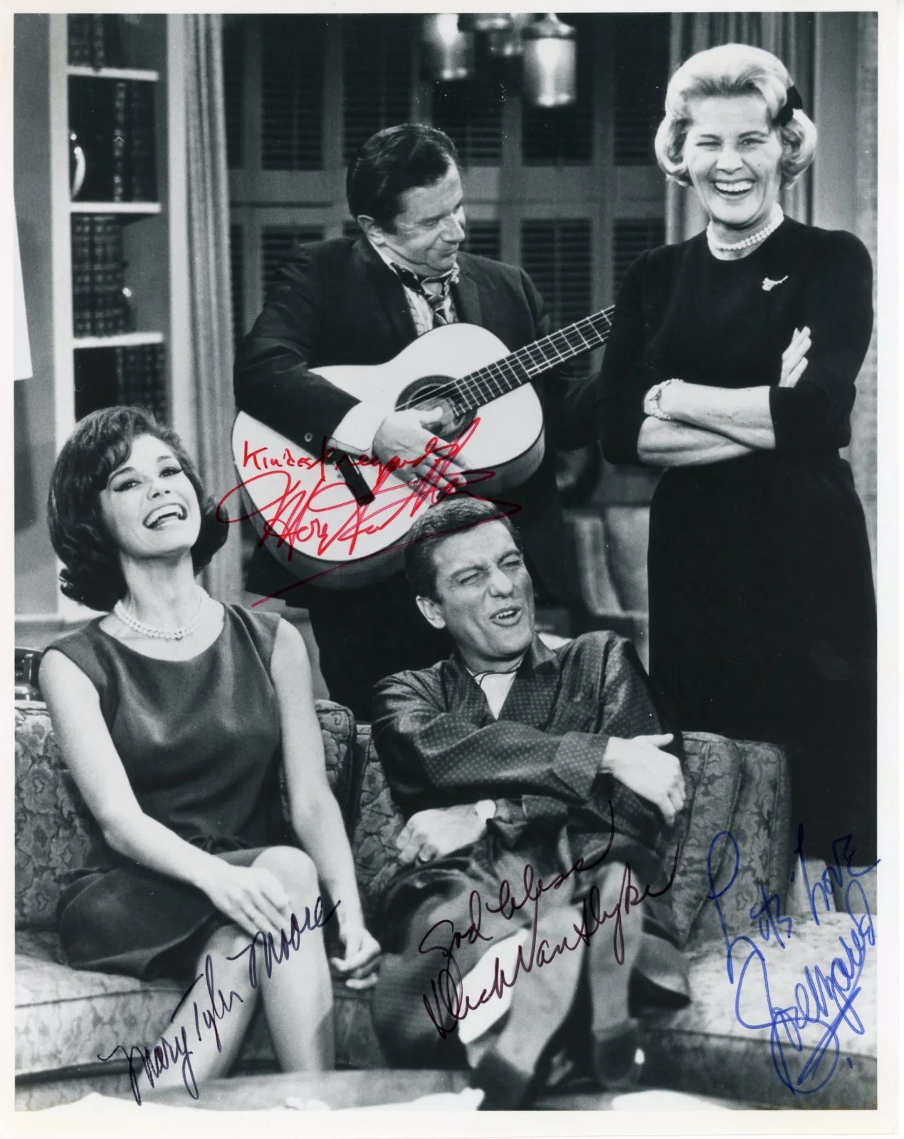 Dick Van Dyke, Mary Tyler Moore, Cast — The Dick Van Dyke Show Cast Signed Autographed Photo JSA Van Dyke is secretarial