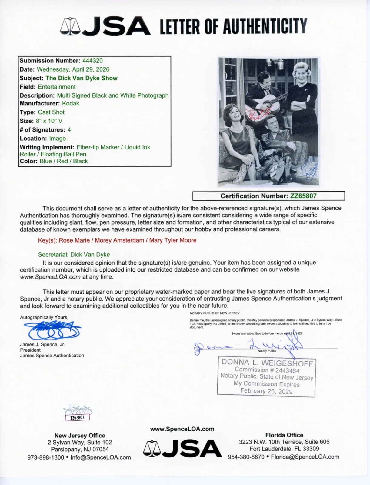 Dick Van Dyke, Mary Tyler Moore, Cast — The Dick Van Dyke Show Cast Signed Autographed Photo JSA Van Dyke is secretarial, image 2