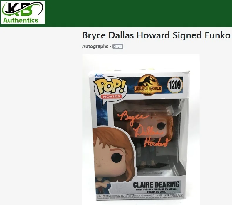 BRYCE DALLAS HOWARD SIGNED JURASSIC PARK FUNKO (COA), image 3
