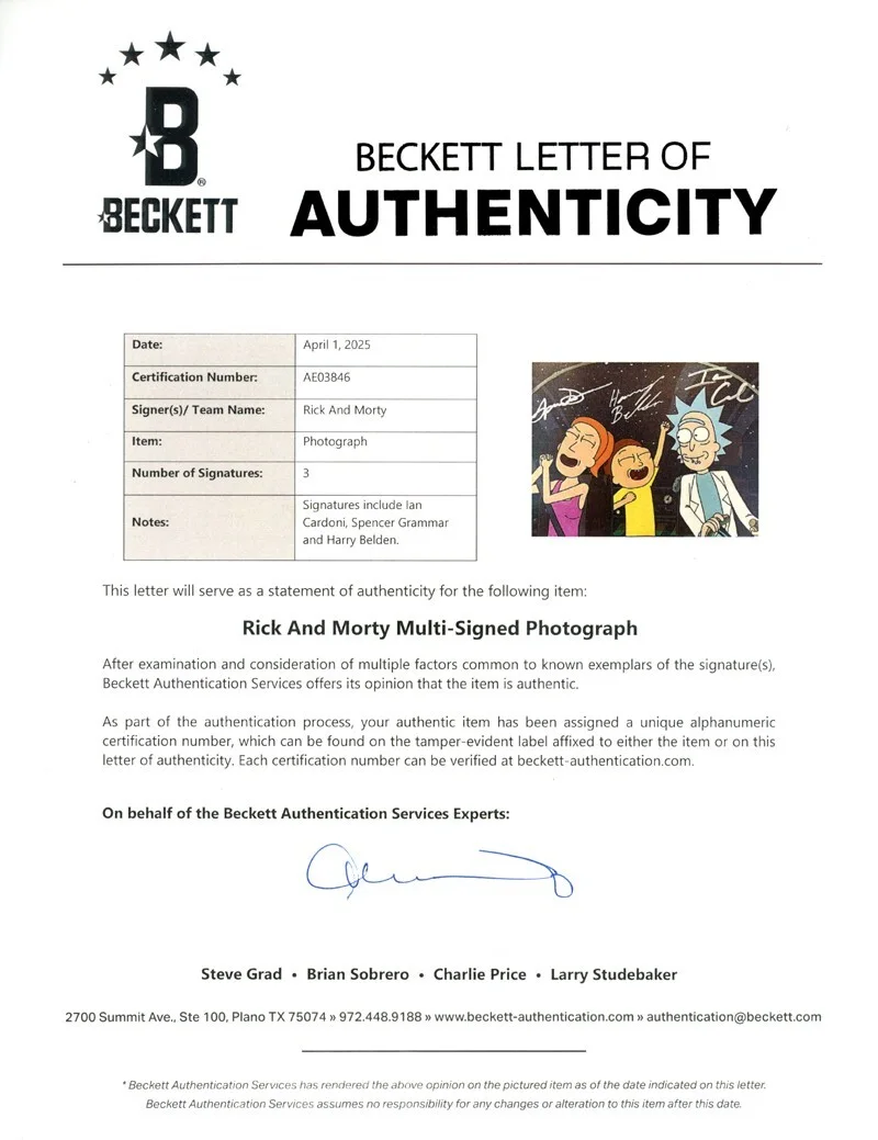GRAMMER HARRY BELDEN IAN CARDONI SIGNED 8x10 PHOTO RICK AND MORTY BECKETT BAS, изображение 2
