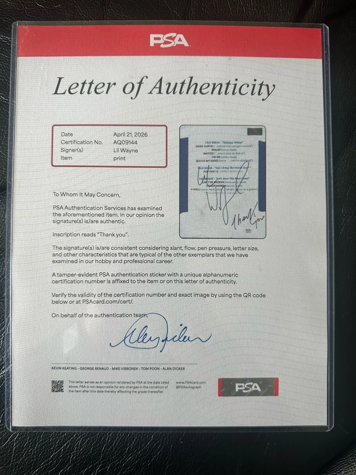 Lil Wayne Signed 2025 Concert SetList PSA FULL LETTER COA AQ09144, image 2