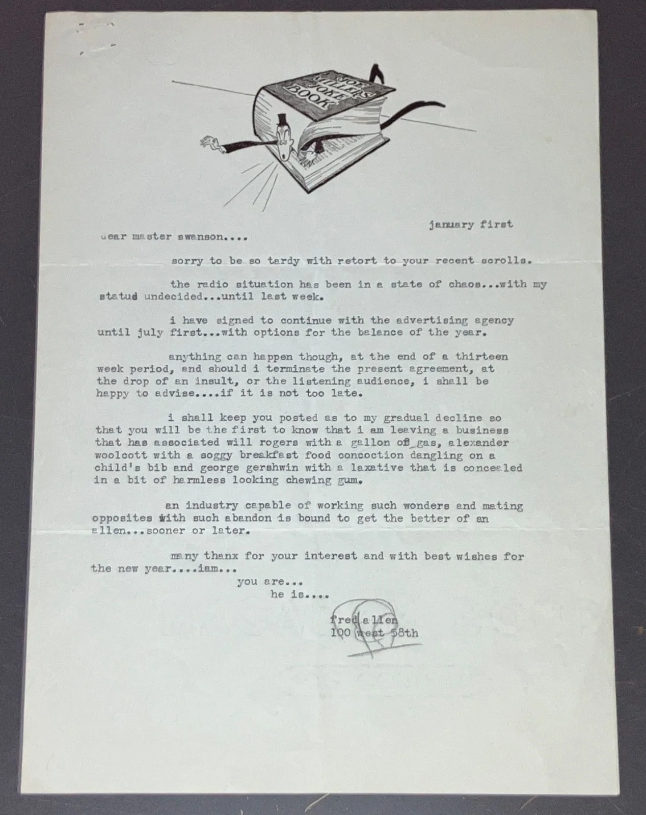 Fred Allen — FRED ALLEN 1935 Signed Letters Radio Hollywood Contracts H.N. Swanson Archive CO, изображение 2