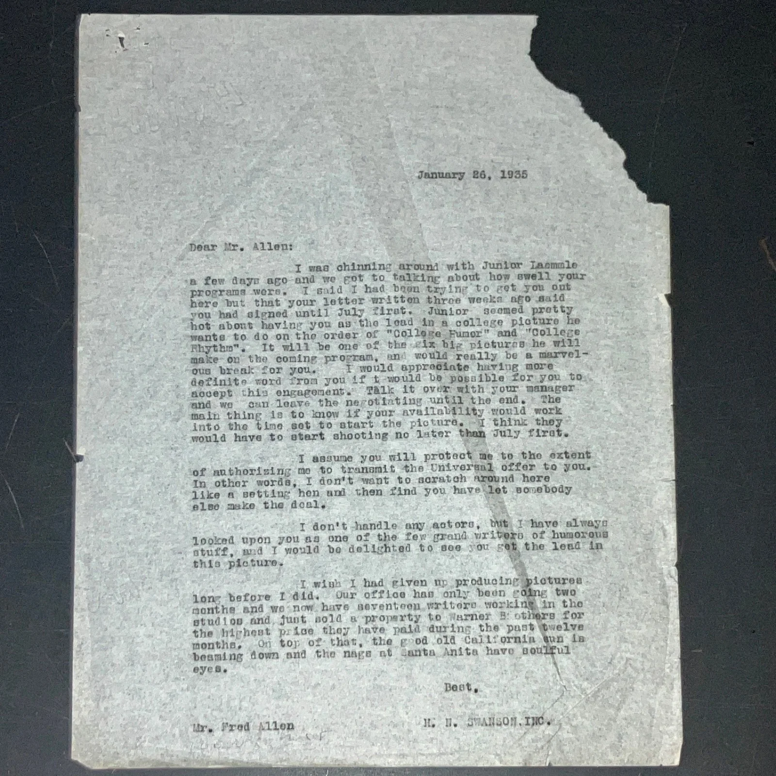 Fred Allen — FRED ALLEN 1935 Signed Letters Radio Hollywood Contracts H.N. Swanson Archive CO, изображение 4