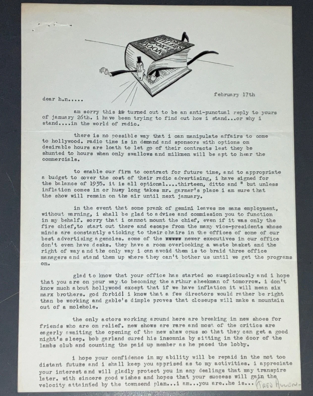 Fred Allen — FRED ALLEN 1935 Signed Letters Radio Hollywood Contracts H.N. Swanson Archive CO, изображение 5