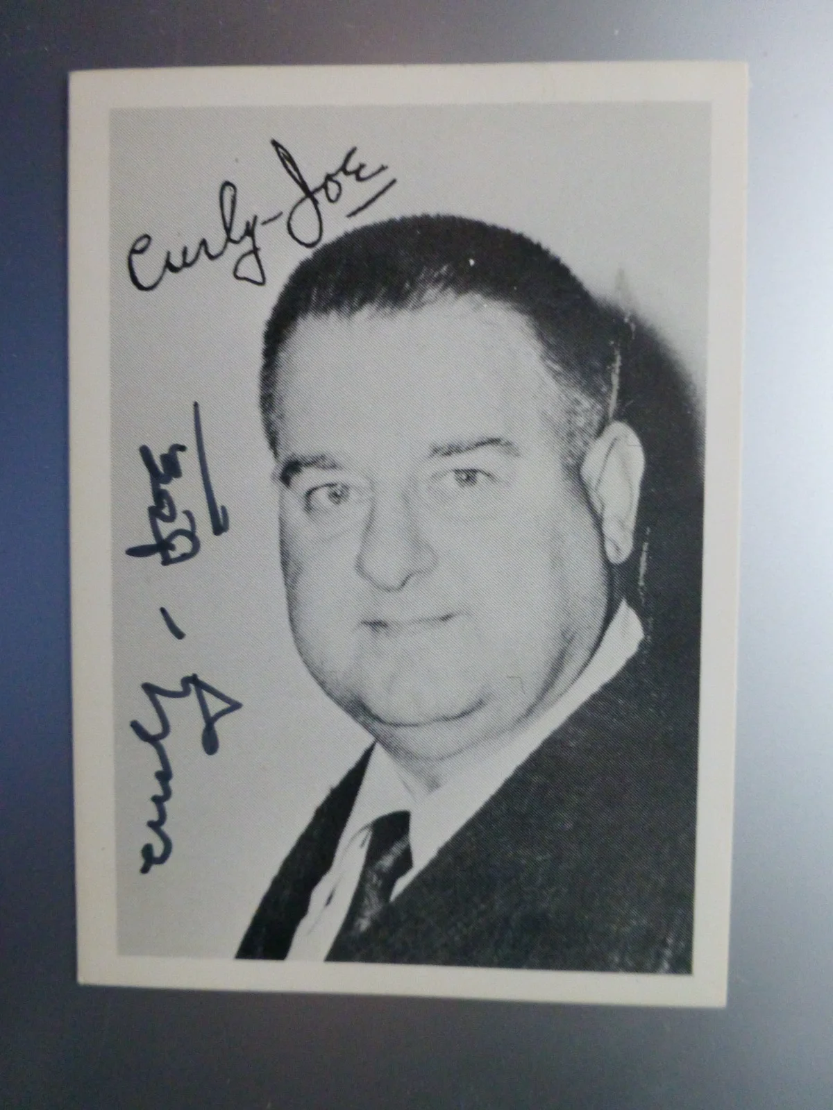 Curly Joe Derita — Curly Joe Derita Signed 2 1/2 x 3 1/2 Black and White Card with COA