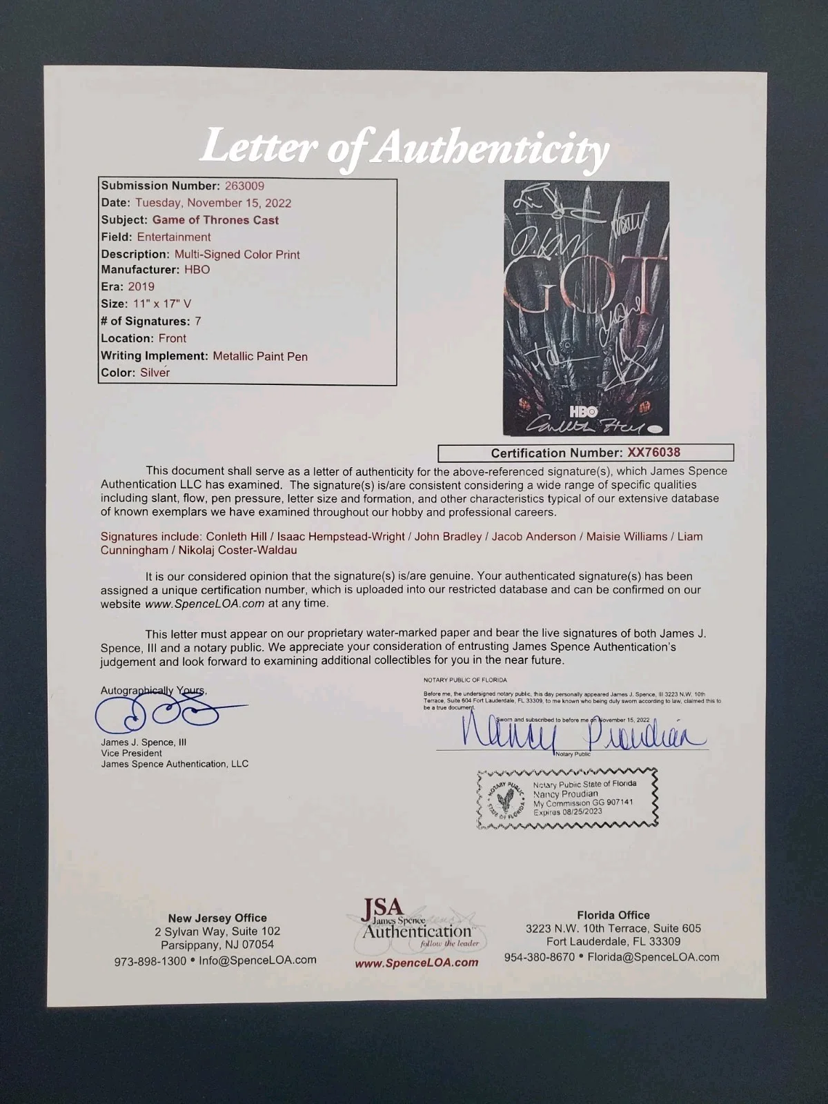 Cast Signed, See LOA — Game of Thrones Cast 11X17 Photo JSA LETTER 7X Signed Williams , Coster-Waldau +, изображение 3