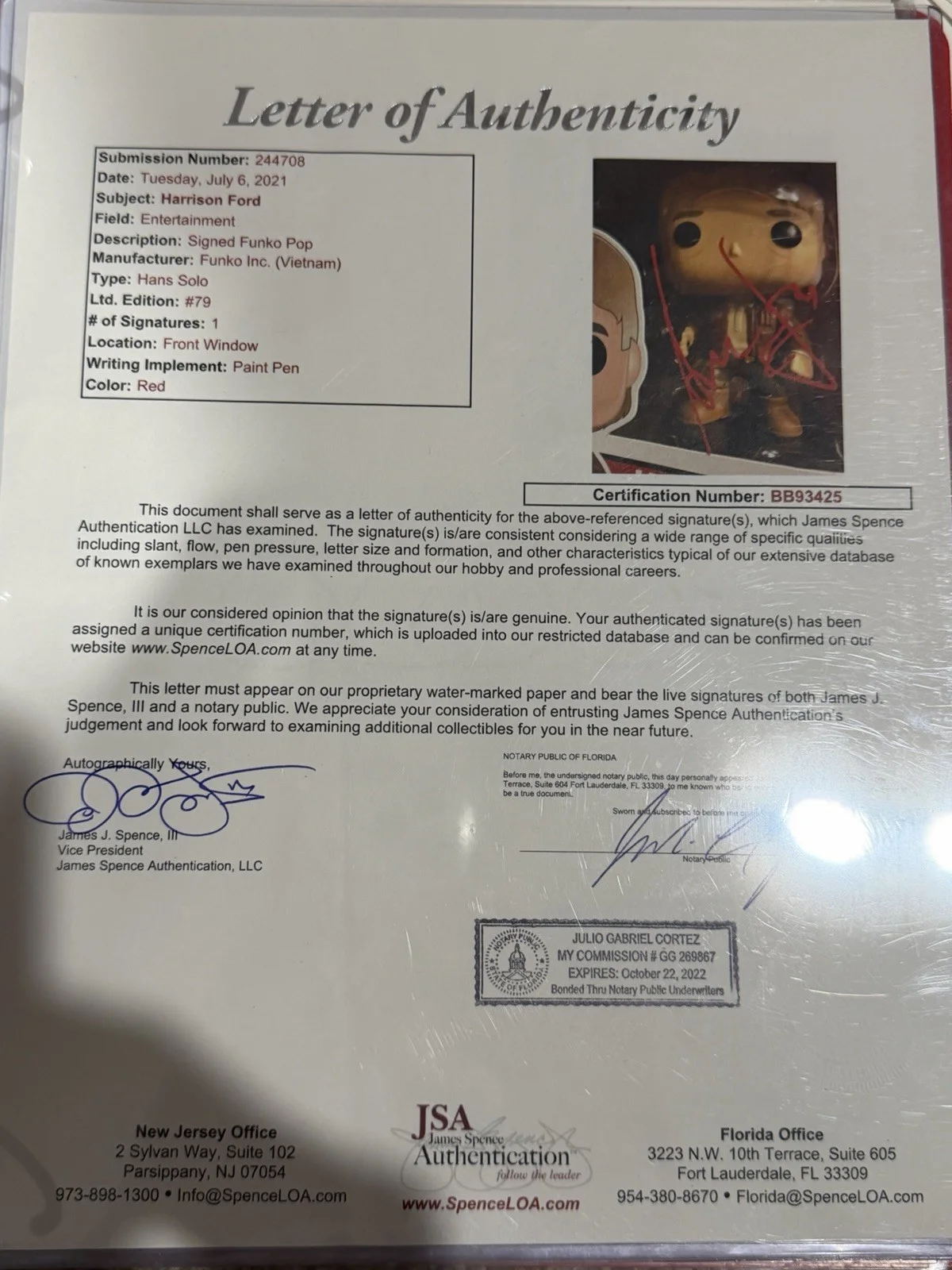 HARRISON FORD SIGNED FUNKO POP JSA COA AUTHENTIC AUTOGRAPH HAN SOLO 79, image 3