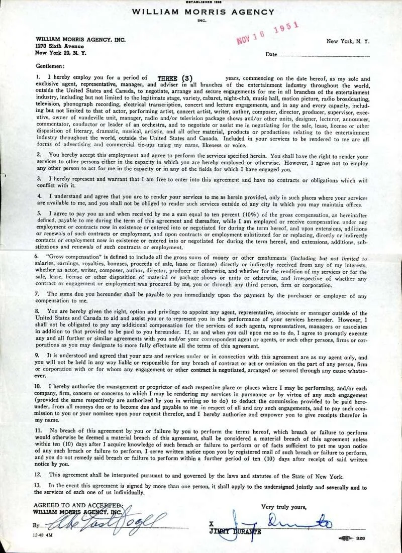 Jimmy Durante — Jimmy Durante JSA Coa Signed 1951 Agency Contract Autograph
