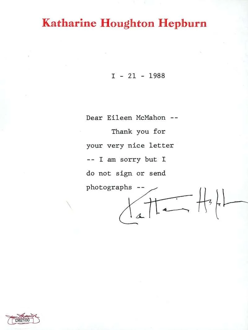 Katherine Hepburn — Katherine Hepburn JSA Coa Signed 1988 Personal Letter Autograph