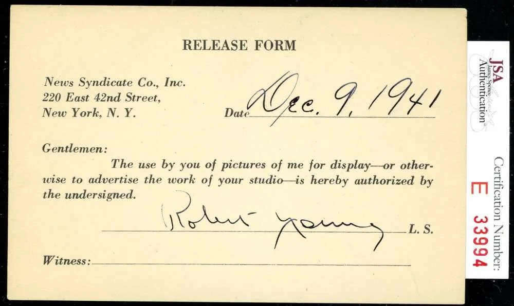 Robert Young — Robert Young JSA Coa Signed 1941 Release Form Autograph