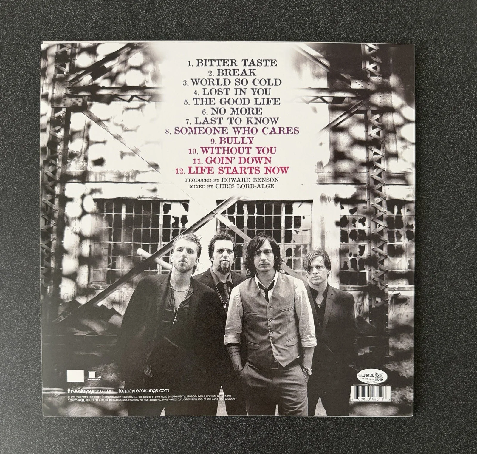 ADAM GONTIER +3 SIGNED THREE DAYS GRACE ‘LIFE STARTS NOW’ VINYL LP FULL BAND JSA, image 3