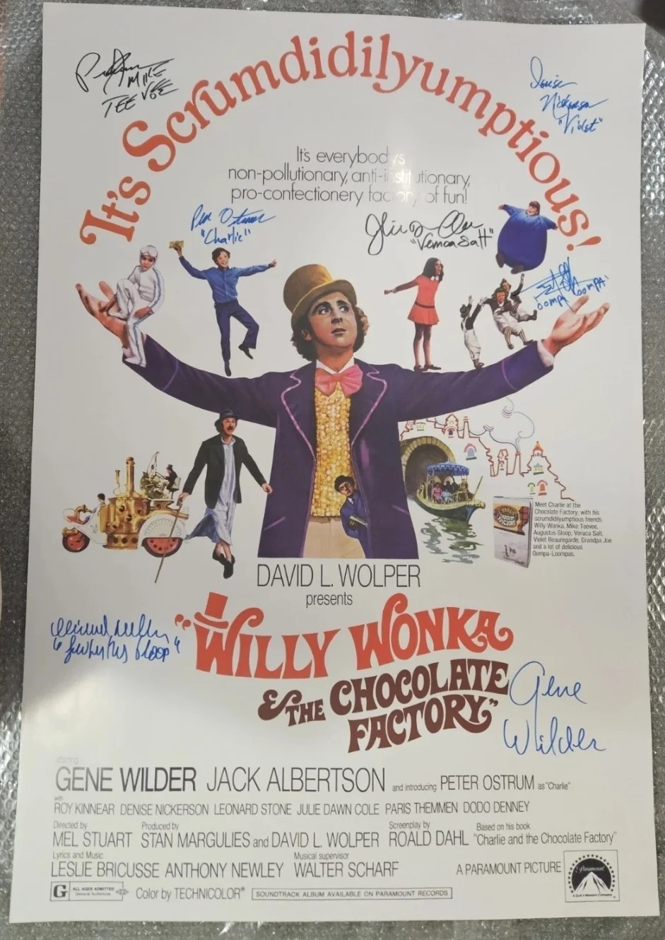 Gene Wilder, Peter Ostrum, Julie Dawn Cole, Denise Nickerson, Par — Willy Wonka & the Chocolate Factory Original Signed Poster 27x40 in 7 Cast COA