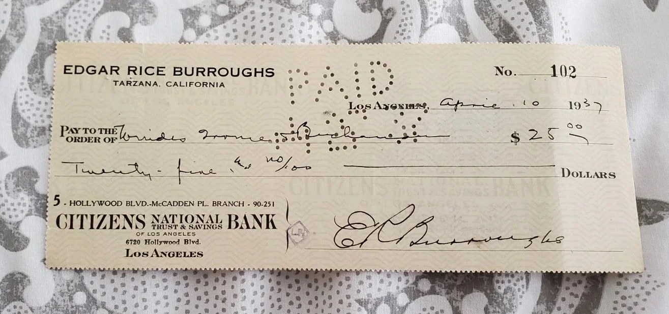 Edgar Rice Burroughs — Edgar Rice Burroughs Signed 1937 Check + Copy Of Letter Of Provenance