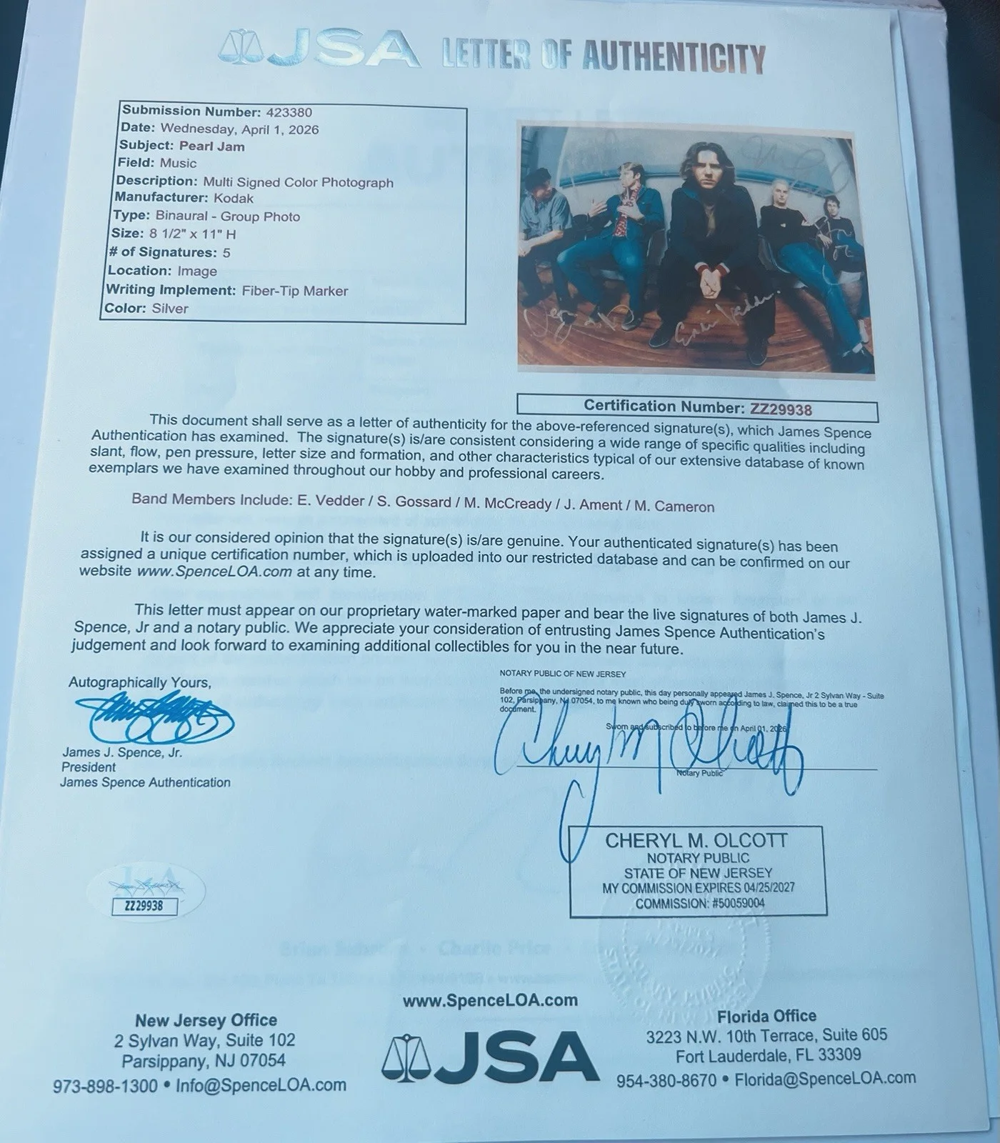 Pearl Jam Signed Photo Eddie Vedder signed Photo Autographed 5 Members! JSA Cert, изображение 2